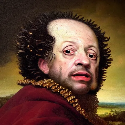 Image similar to A 17th century Baroque Painting of Gene Ween, grainy, realistic, hyperrealistic, very realistic, very very realistic, highly detailed, very detailed, extremely detailed, detailed, digital art, trending on artstation, detailed face, very detailed face, very detailed face, realism, HD Quality, 8k resolution, intricate details, body and head in frame, painting, oil painting, trending on deviantart, Baroque Painting