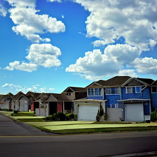 Prompt: liminal space suburban neighborhood, with blue sky, and clouds, very bright day, 2 0 1 0's photograph