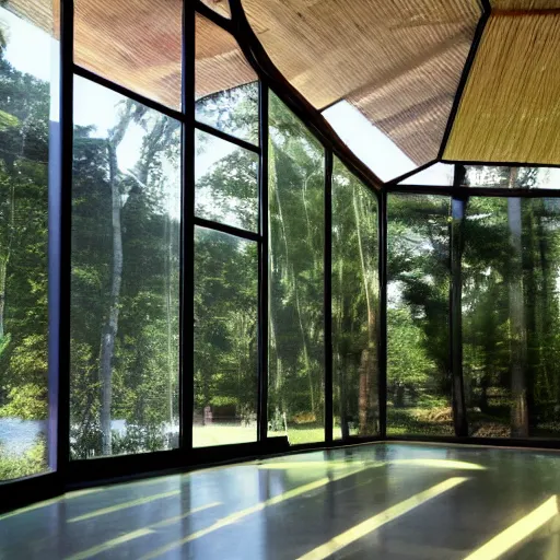 Prompt: interior photo of wood pavillion, sunbeam filtered through the ceiling, surrounded by nature, a small water mirror reflect contemporary sculptures inside the pavillion