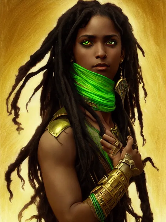 Prompt: portrait of combat dancer, female, black skin, pretty, green eyes, dreadlock black hair, high fantasy, arabian nights inspired, smooth, sharp focus, digital painting, by artgerm and greg rutkowski and alphonse mucha