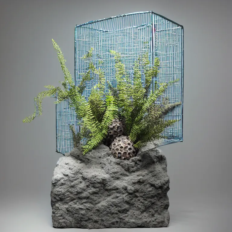 Image similar to hyperrealistic sculpture of a distressed bronze ancient fossilized echinoderm sea urchin dusted with opalescent blue spraypaint and ferns in a nylon grid cage on a pedestal by ron mueck and duane hanson and lee bontecou, hyperrealistic dramatic colored lighting trending on artstation 8 k