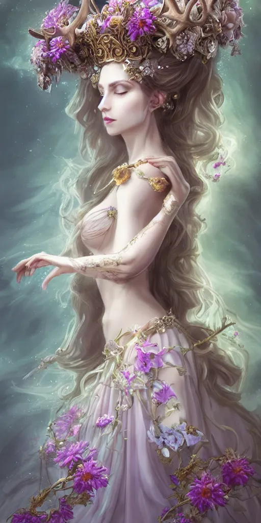 Image similar to A beautiful fantasy empress, highly detailed full body, just one head, flower tiara, long hair, wearing dramatic aristocrat robe, delicate figure, field of fantasy flowers, foxes and deer, epic composition, ultra wide-shot, dynamic pose, concept art, dramatic lighting, digital painting, smooth, character design, ((sharp focus)), elegant, intricate, trending on artstation, by WLOP and James Jean and Victo Ngai