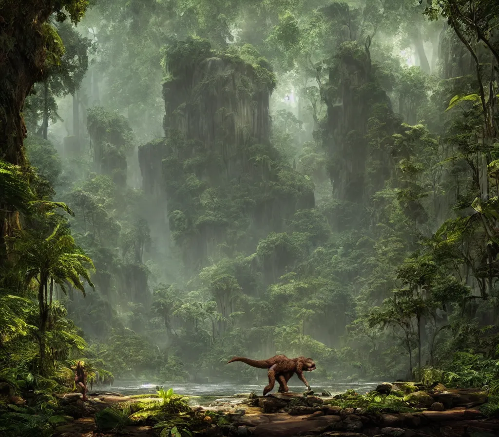 Image similar to matte painting of bigfoot in rain forest, large dinosaurs in background, style by thomas cole and greg rutkowski and ross tran, global illumination, unreal engine!!!