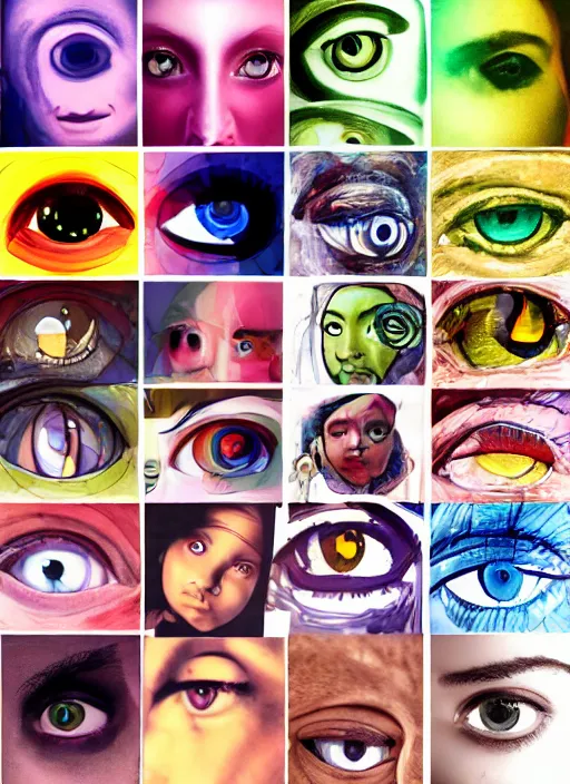 Prompt: diverse eyes! collage, teams, healing, energetic, life, hybrids, thin glowing devices, reflections, vitals visualiser!!, advanced art, art styles mix, from wikipedia, grid of styles