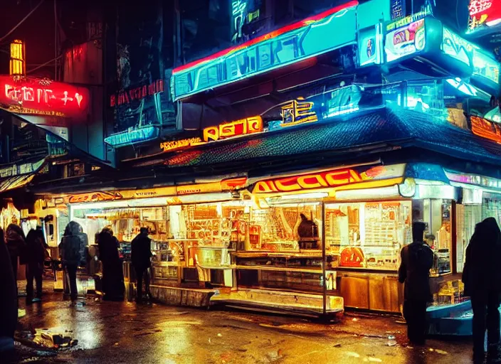 Image similar to the only open cyberpunk blade runner fast food stand in the cyberpunk city during a melancholy rainy night