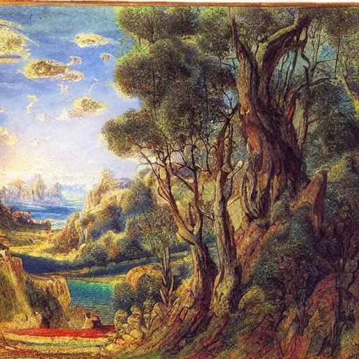 Image similar to A beautiful print of a landscape. It is a stylized and colorful view of an idyllic, dreamlike world with rolling hills, peaceful looking animals, and a flowing river. The scene looks like it could be from another planet, or perhaps a fairy tale. pottery by Gustave Moreau neat