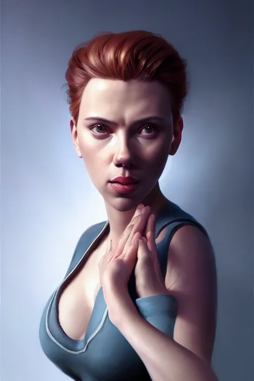 Image similar to Scarlett Johansson is talking to you POV, anatomy, only two hands, highly detailed, digital painting, artstation, concept art, smooth, sharp focus, illustration, Unreal Engine 5, 8K, art by art by artgerm and greg rutkowski and edgar maxence