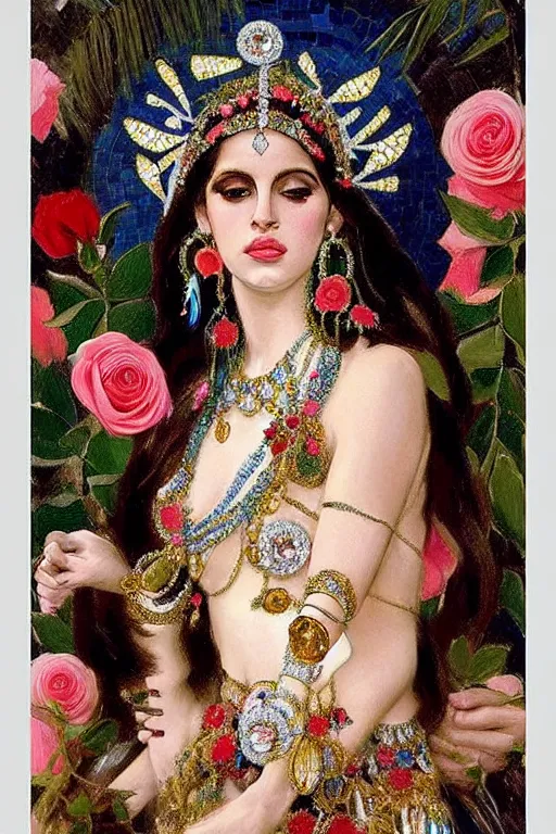 Image similar to roses, diamonds, textile style, highly detailed, mosaic painting of lana del rey as shiva, clear facial features by john singer sargent, beautiful extravagant costume details, jewelry.