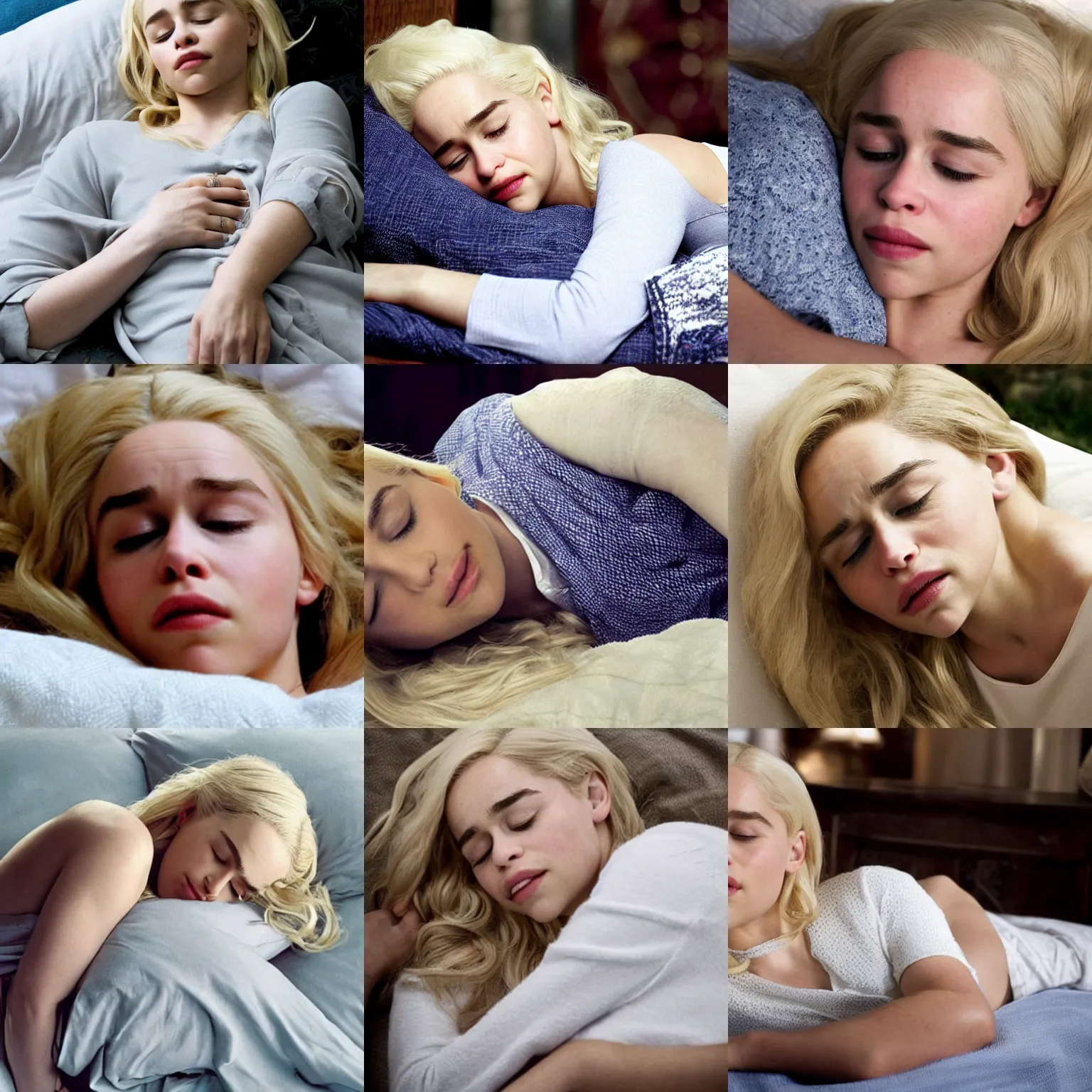 Prompt: blonde Emilia Clarke sleeping