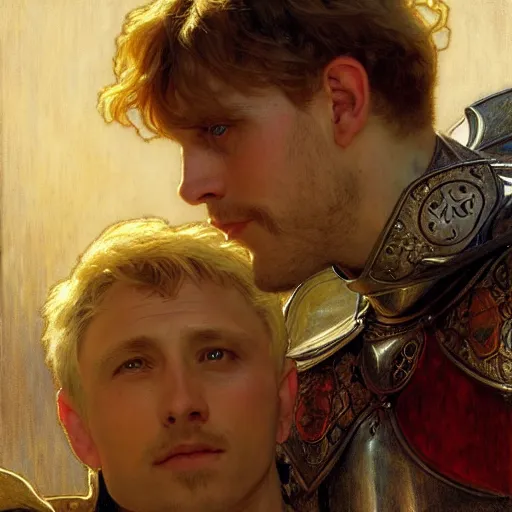 Image similar to attractive arthur pendragon and his attractive male knight, they are in love, natural lighting, path traced, highly detailed, high quality, digital painting, by gaston bussiere, craig mullins, alphonse mucha j. c. leyendecker