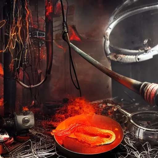 Image similar to red hot frying pan with bacon, tangles of metallic cables, dark messy smoke - filled cluttered workshop, dark, dramatic lighting, orange tint, sparks, plasma charges, cinematic, highly detailed, sci - fi, futuristic, movie still