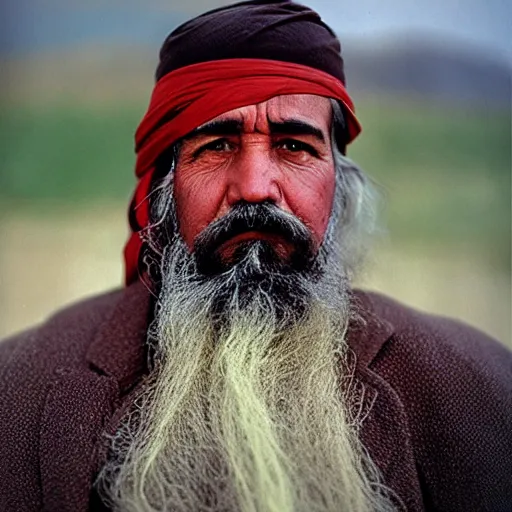 Image similar to portrait of president chester a arthur as afghan man, green eyes and red scarf looking intently, photograph by steve mccurry