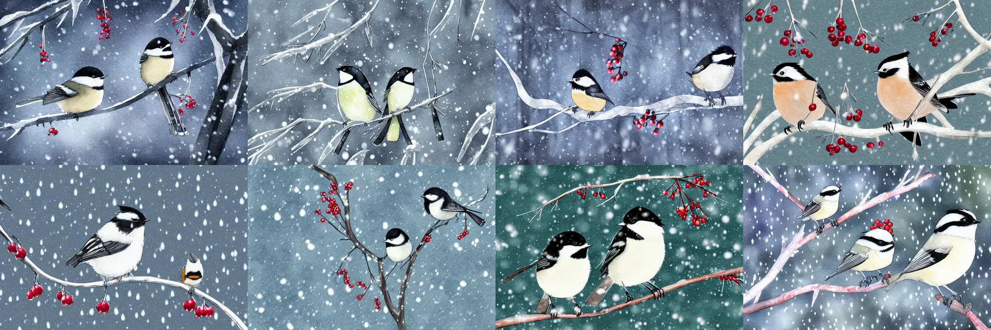 Prompt: a pair of chickadees sitting on the branch of a mountain ash tree, with red berries and icicles hanging down, in the winter, snowing, gray sky with wispy clouds, anime watercolor in the style of hayao miyazaki and studio ghibli, highly detailed digital art