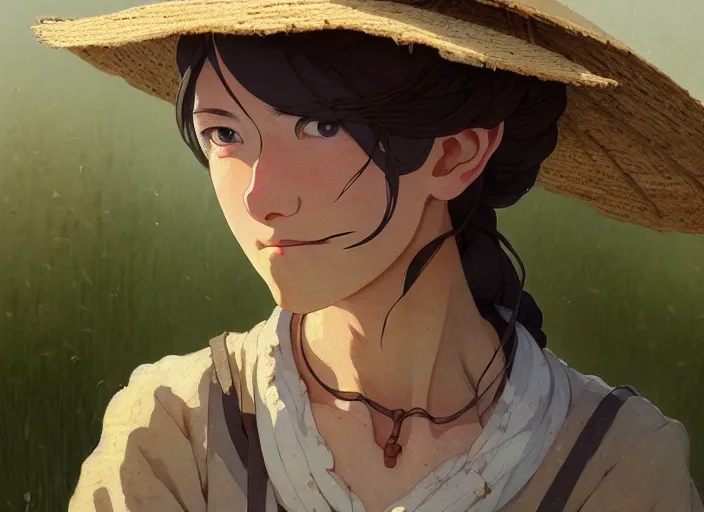 Image similar to a film still portrait of a farmer woman, finely detailed features, closeup at the faces, perfect art, at an ancient village farm, gapmoe yandere grimdark, trending on pixiv fanbox, painted by greg rutkowski makoto shinkai takashi takeuchi studio ghibli, akihiko yoshida