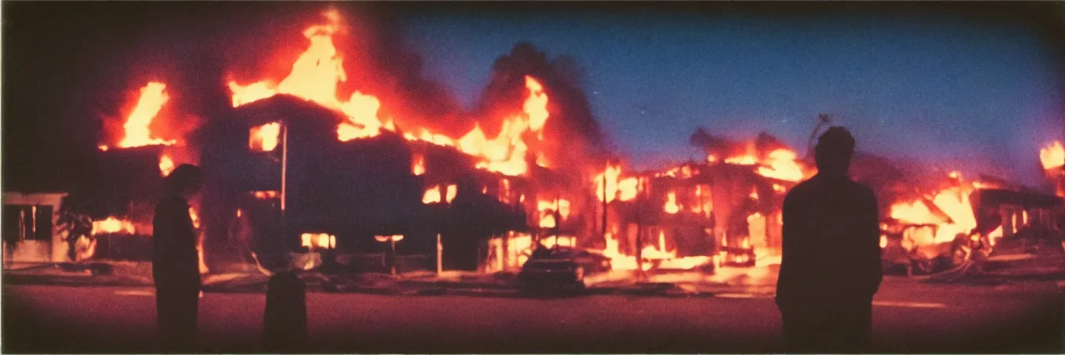 Image similar to 8 0 s polaroid photo, cinema still from david lynch movie, sleazy man watching night streets while a house burns in the background, colorful haze, americana, high production value, 8 k resolution, hyperrealistic, hdr, photorealistic, high definition, high details, tehnicolor, award - winning photography, masterpiece, amazing colors