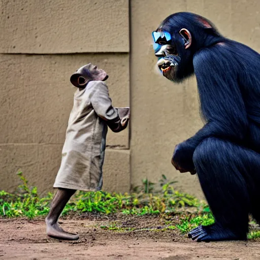 Prompt: chimpanzee looking curiously at a postbiological transhuman cyborg, hd photograph