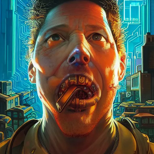 Image similar to lucky god cyberpunk apocalyptic portrait by gaston bussierre and charles vess and james jean and erik jones and rhads, inspired by rick and morty, epic, funny, huge scale, beautiful fine face features, intricate high details, sharp, ultradetailed