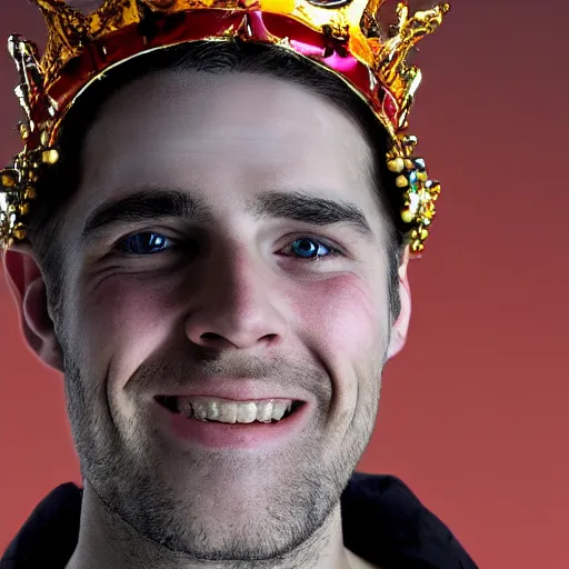 Prompt: man with red colored eyes and a crown grinning
