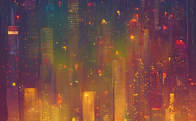 Image similar to a cat observing a neon city from the roof of a building at night, digital art, digital painting