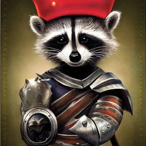 Prompt: a cute raccoon dressed as a knight, cute face, digital painting by Mark Ryden, cute and lovely, high detail,