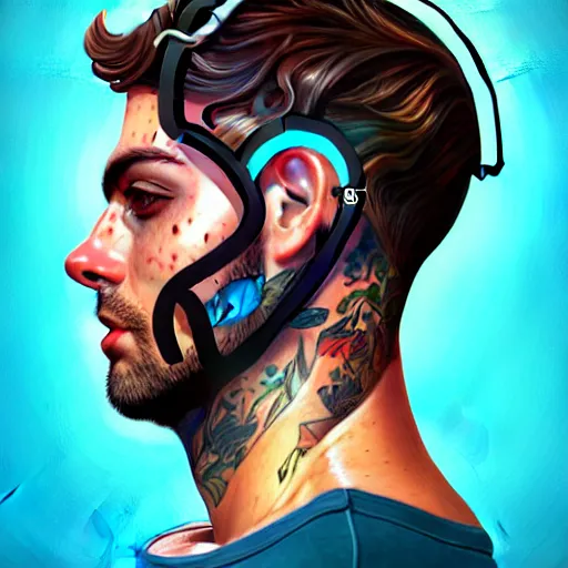 Image similar to a profile photo of a man with underwater helmet with tattoos on arm and neck, side profile in underwater, highly detailed, digital painting, artstation, illustration by Sandra Chevrier