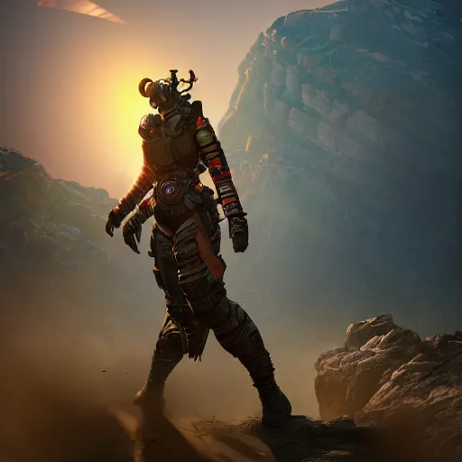 Image similar to wraith from apex legends standing in a battlefield, golden hour, sharp, trending on artstation, digital art