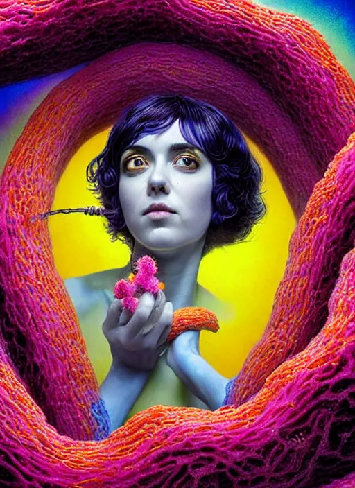 Prompt: hyper detailed 3d render like a Oil painting - Ramona Flowers with black hair in thick mascara seen Eating of the Strangling network of colorful yellowcake and aerochrome and milky Fruit and Her delicate Hands hold of gossamer squeezing polyp blossoms bring iridescent fungal flowers whose spores black the foolish stars by Jacek Yerka, Mariusz Lewandowski, Houdini algorithmic generative render, Abstract brush strokes, intense eyes, Masterpiece, Edward Hopper and James Gilleard, Zdzislaw Beksinski, Mark Ryden, Wolfgang Lettl, Dan Hiller, hints of Yayoi Kasuma, octane render, 8k