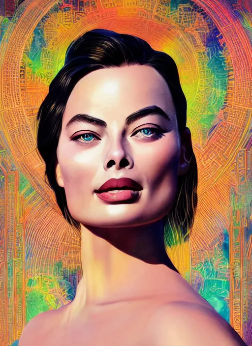 Prompt: Liang Huatao detailed Illustration of beautiful Margot Robbie in a Solarpunk blouse, accurate anatomy, abstract sun in background, shiny soft skin, soft lighting, sharp details, warm colors, studio portrait, 35 mm film, subsurface scattering, lens flare