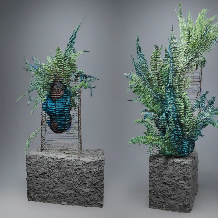 Image similar to hyperrealistic sculpture of a distressed bronze ancient fossilized echinoderm sea urchin dusted with opalescent blue spraypaint and ferns in a nylon grid cage on a pedestal by ron mueck and duane hanson and lee bontecou, hyperrealistic dramatic colored lighting trending on artstation 8 k