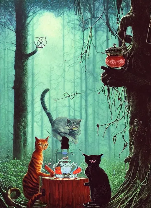 Image similar to cat having tea with a witch at a shrine in the woods gorgeous lighting, lush forest foliage blue sky a hyper realistic painting by chiara bautista and beksinski and norman rockwell and greg rutkowski weta studio, and lucasfilm