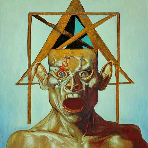 Image similar to portre of an autistic demon on acid, masonic and kabalistic symbols in background, oil painting