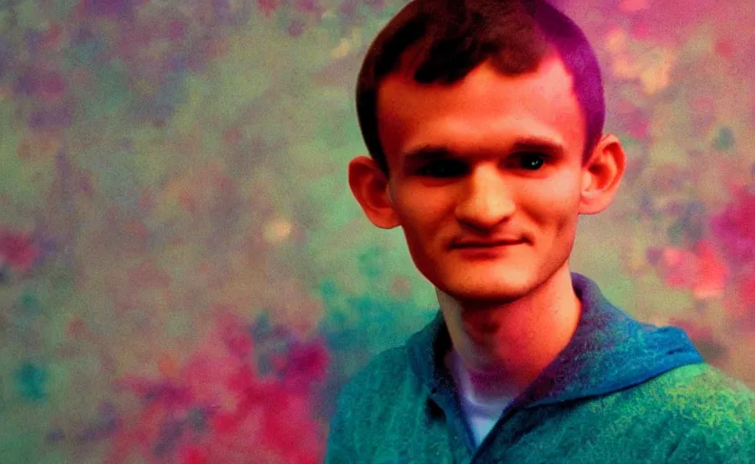 Image similar to a dreamy retro 8 0 s photo of vitalik buterin, bloomy, colorful, awesome, by dave mckean