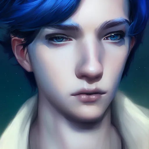 Prompt: young boy, blue hair, gorgeous, amazing, feminine, elegant, intricate, highly detailed, digital painting, artstation, concept art, sharp focus, portrait, illustration, art charlie bowater and Ross tran