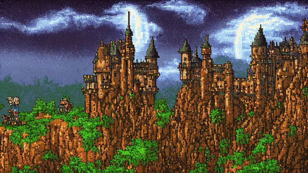 Prompt: ドット絵 and Pixel Art, Dark old fantasy castle on the hill, night cloudy sky, rain, lighting, thunder painting, Alchemy, Fantasy, 8 bit game, Pixel art background