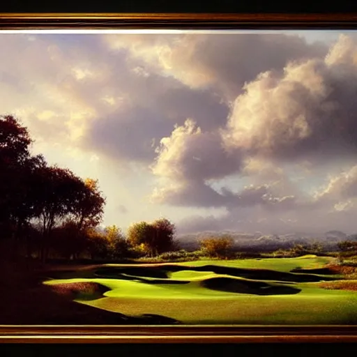 Image similar to beautiful lush golf course, big fluffy clouds, landscape, nature, craig mullins