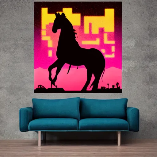 Prompt: cowboy slav squatting on top of his horse, synthwave poster, 8k