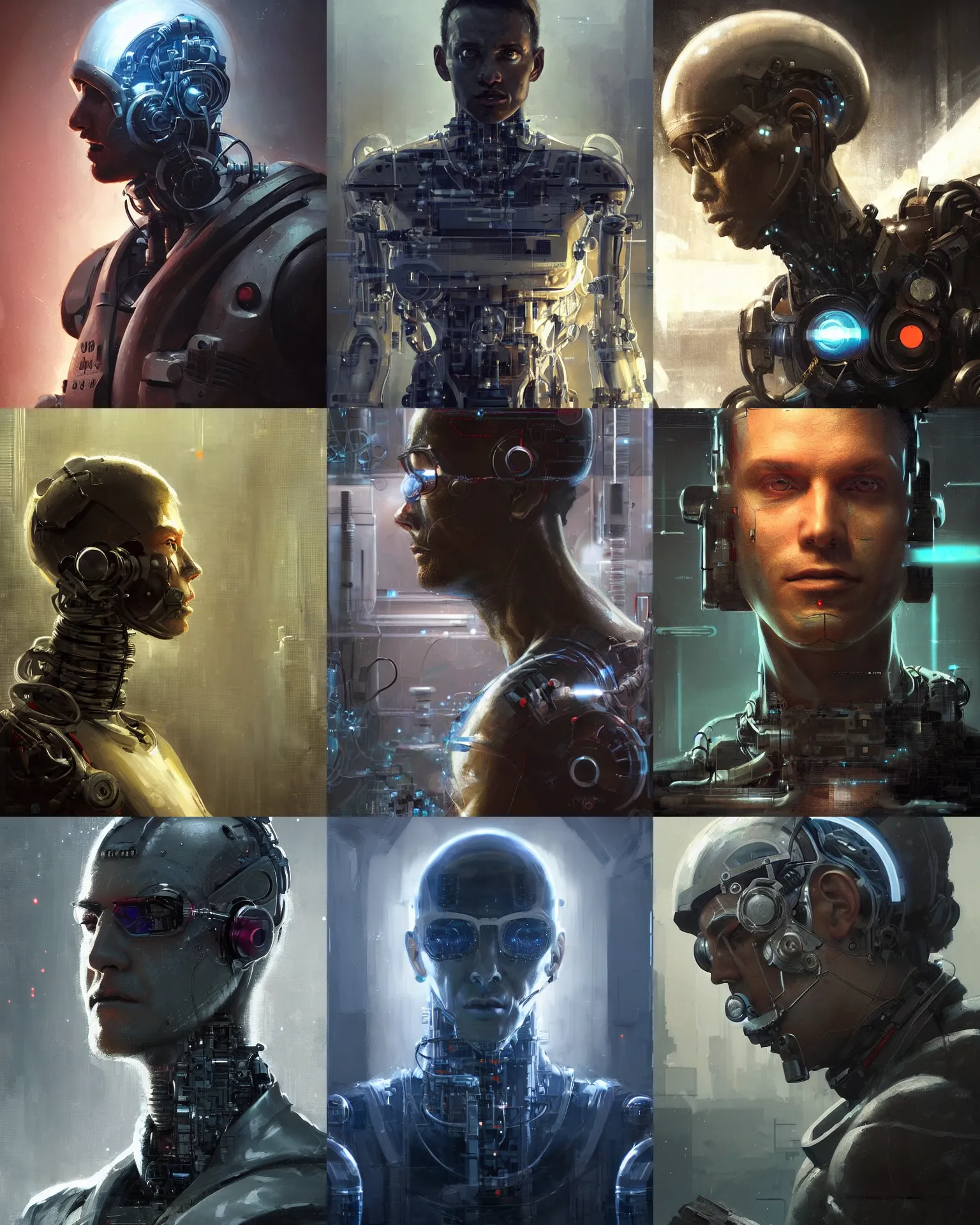 Image similar to a laboratory technician man with cybernetic enhancements seen from a distance, scifi character portrait by greg rutkowski, craig mullins, 1 / 4 headshot, cinematic lighting, dystopian scifi outfit, profile picture, mechanical, cyborg, half robot