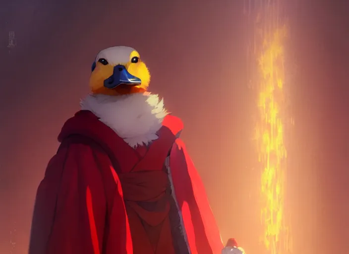 Prompt: cute fluffy mallard duck wearing red cultist robe, details, fantasy, epic, ancient sacrificial altar, landscape illustration concept art anime key visual trending pixiv fanbox by wlop and greg rutkowski and makoto shinkai and studio ghibli and kyoto animation symmetrical facial features