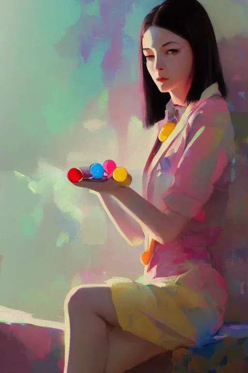 Image similar to a ultradetailed beautiful panting of a stylish woman, she is holding a bunch of colorful pills in her hand, high angle shot, oil painting, by ilya kuvshinov, greg rutkowski and makoto shinkai