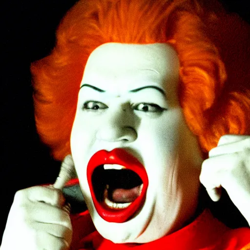 Image similar to creppy 2 0 0 1 photo of ronald mcdonald screaming in a dark room