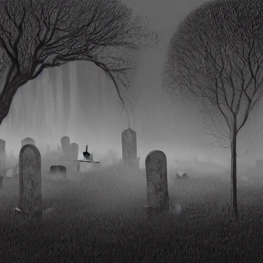 Image similar to an eerie graveyard with ancient tombstones, misty, strands of fog, tomb in background, dark trees arching frame, creepy, night, finely detailed black and white pencil drawing