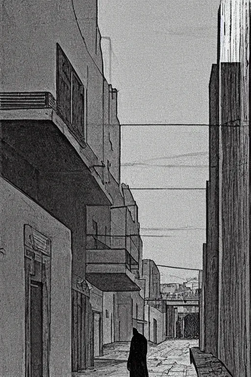 Prompt: eerie tel aviv street mystery at dusk, film noire scene. by moebius, giorgio de chirico, edward hopper