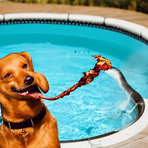 Image similar to dog-garlic spewing fire from his mouth while in the pool