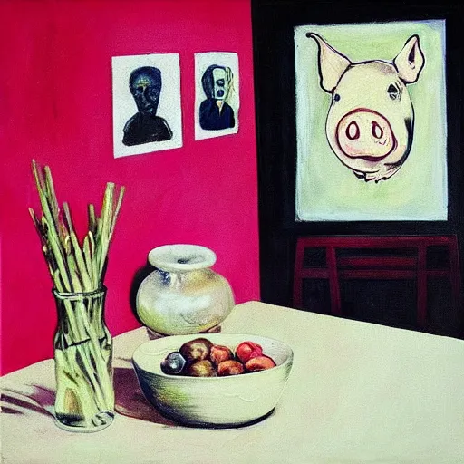 Image similar to “a portrait in an art student’s apartment, pig paintings on the wall, pork, ikebana white flowers, white wax, squashed berries, acrylic and spray paint and oilstick on canvas, by munch and Dali”