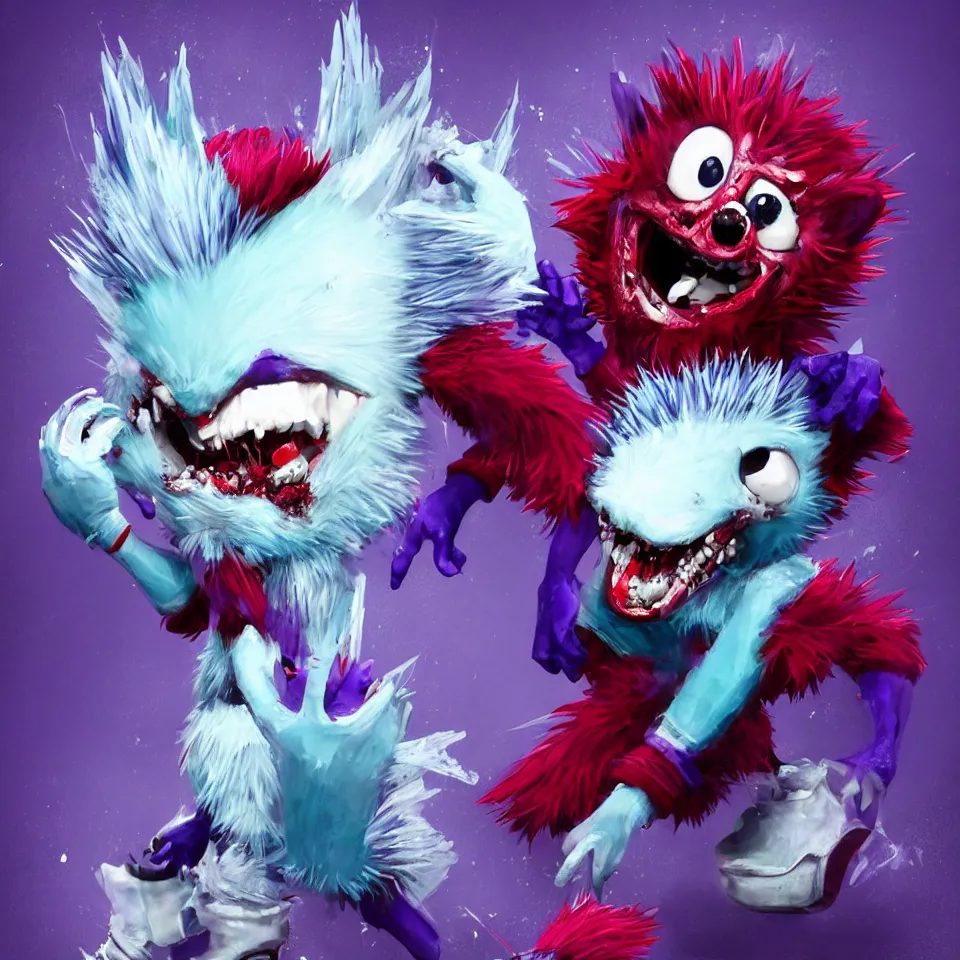 Prompt: anthropomorphic blue bipedal hedgehog with purple eyes and white bloody gloves and red shoes and purple edge quills in red static cursed trending artstation horror 4 k hd detailed