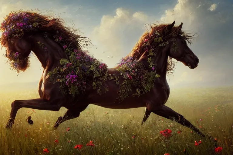 Image similar to a stunning horse with a mane of vines and flowers running through a meadow by greg rutkowski, high key lighting, volumetric light, digital art, highly detailed, fine detail, intricate, ornate, complex, octane render, unreal engine, photorealistic