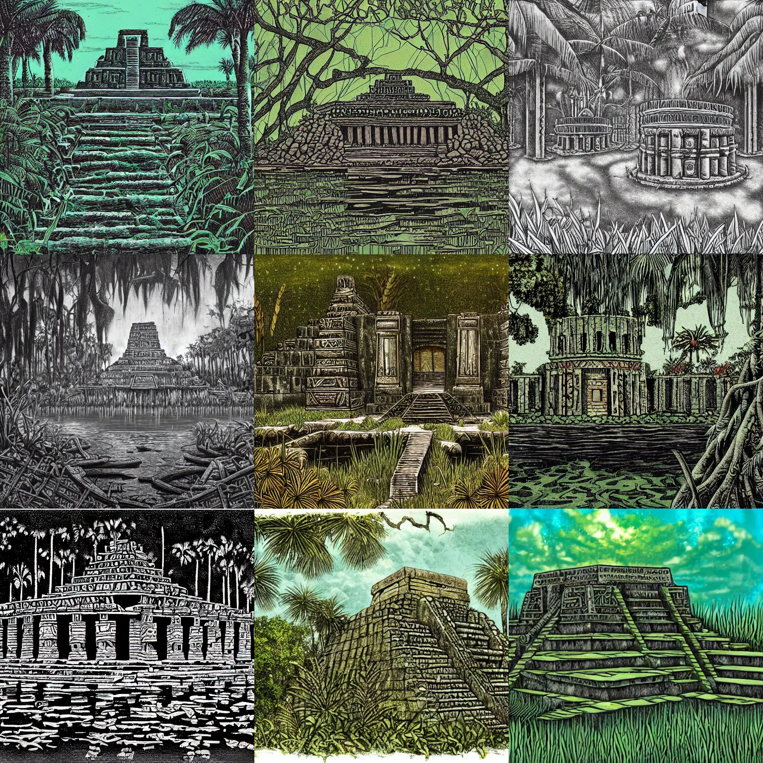 Prompt: a sunken aztec temple in the florida everglades, moss, vines, dark, creepy, in a historical illustration style, detailed