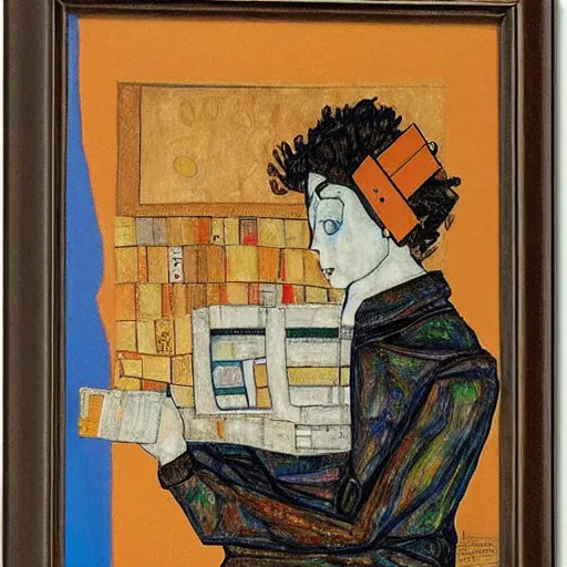 Image similar to a robot reading a book by egon schiele