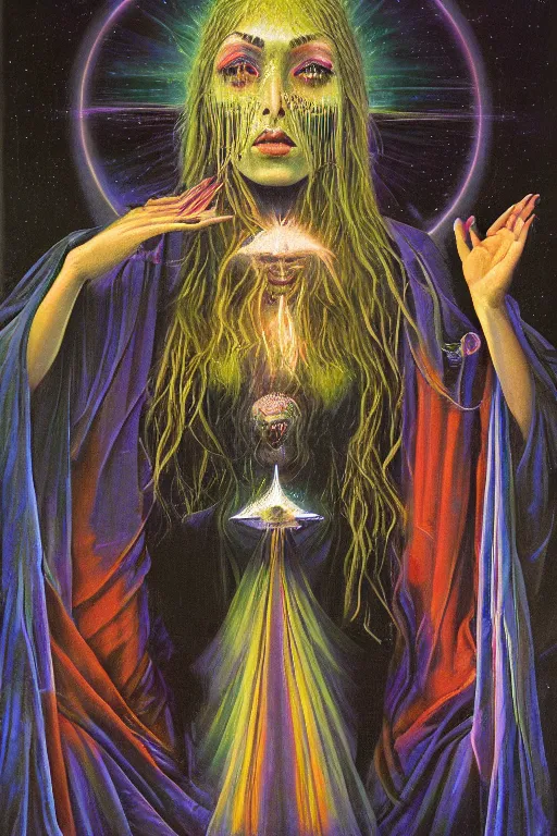 Image similar to gorgeous robed cult girl performing realism third eye ritual, dark theme night time, expanding electric energy waves into the ethereal realm, epic surrealism 8k oil painting, portrait, perspective, high definition, post modernist layering, by Ernst Fuchs, Gerald Brom