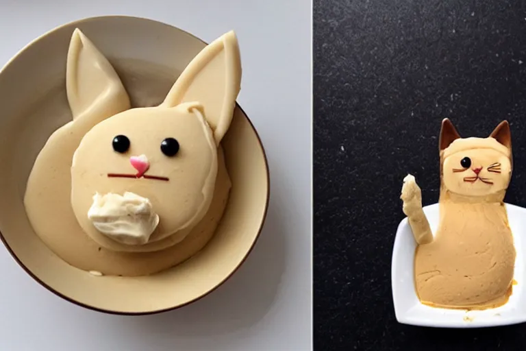 Prompt: cat made of ice cream, frozen desert in the shape of a cat